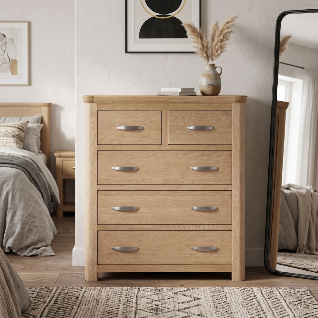 A light oak wood five-drawer chest of drawers with silver metal handles.
