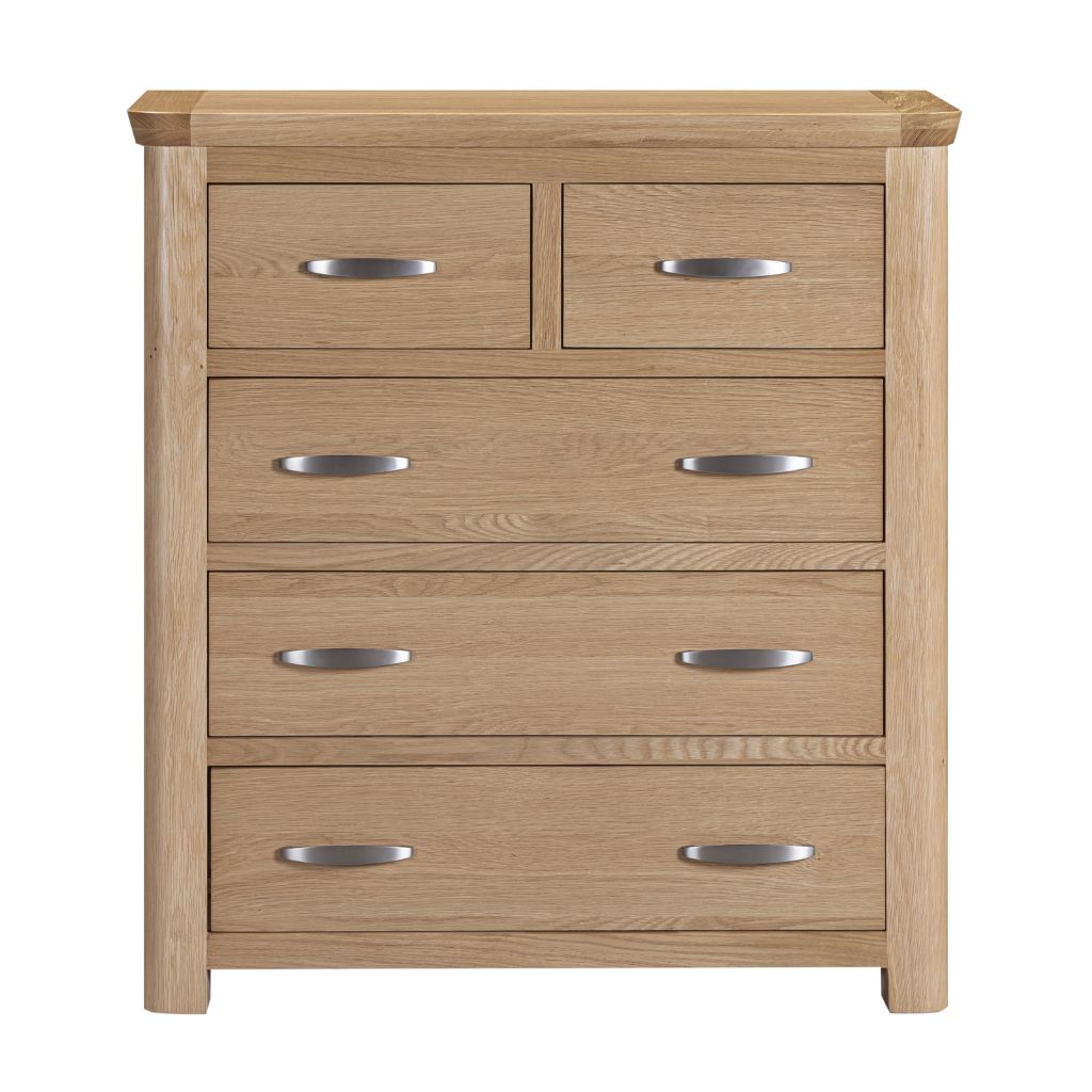 A light oak wood chest of drawers with two smaller drawers above 3 large drawers drawers, featuring silver metal bar handles.