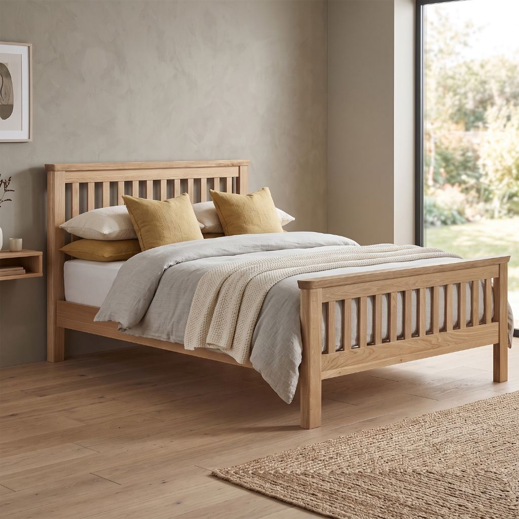 A wooden slatted bedframe made of solid oak and oak veneer