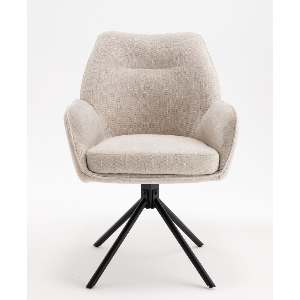 Beige armchair with black metal base on a white background