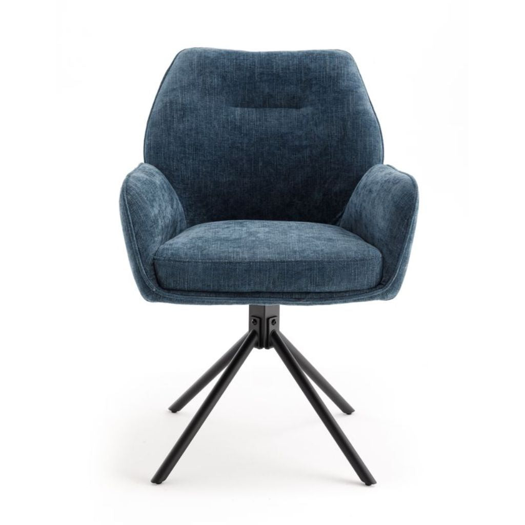 Blue armchair with a black metal base on a white background