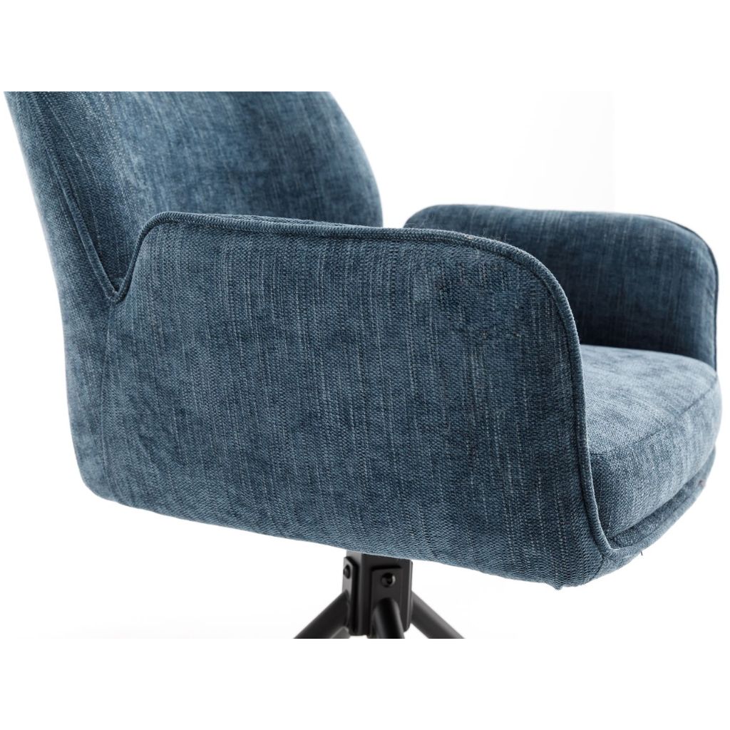 Blue upholstered chair with armrests on a white background