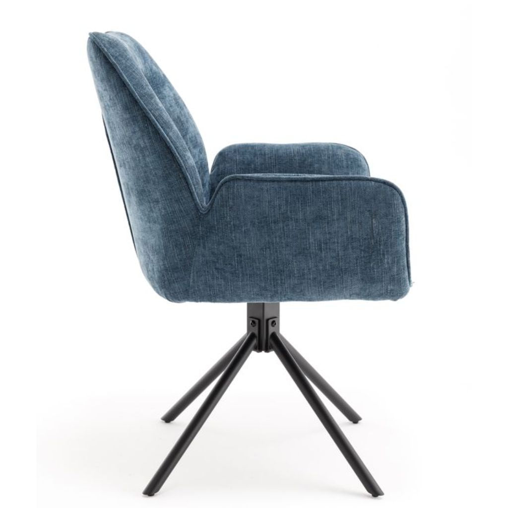 Blue upholstered chair with black metal legs on a white background