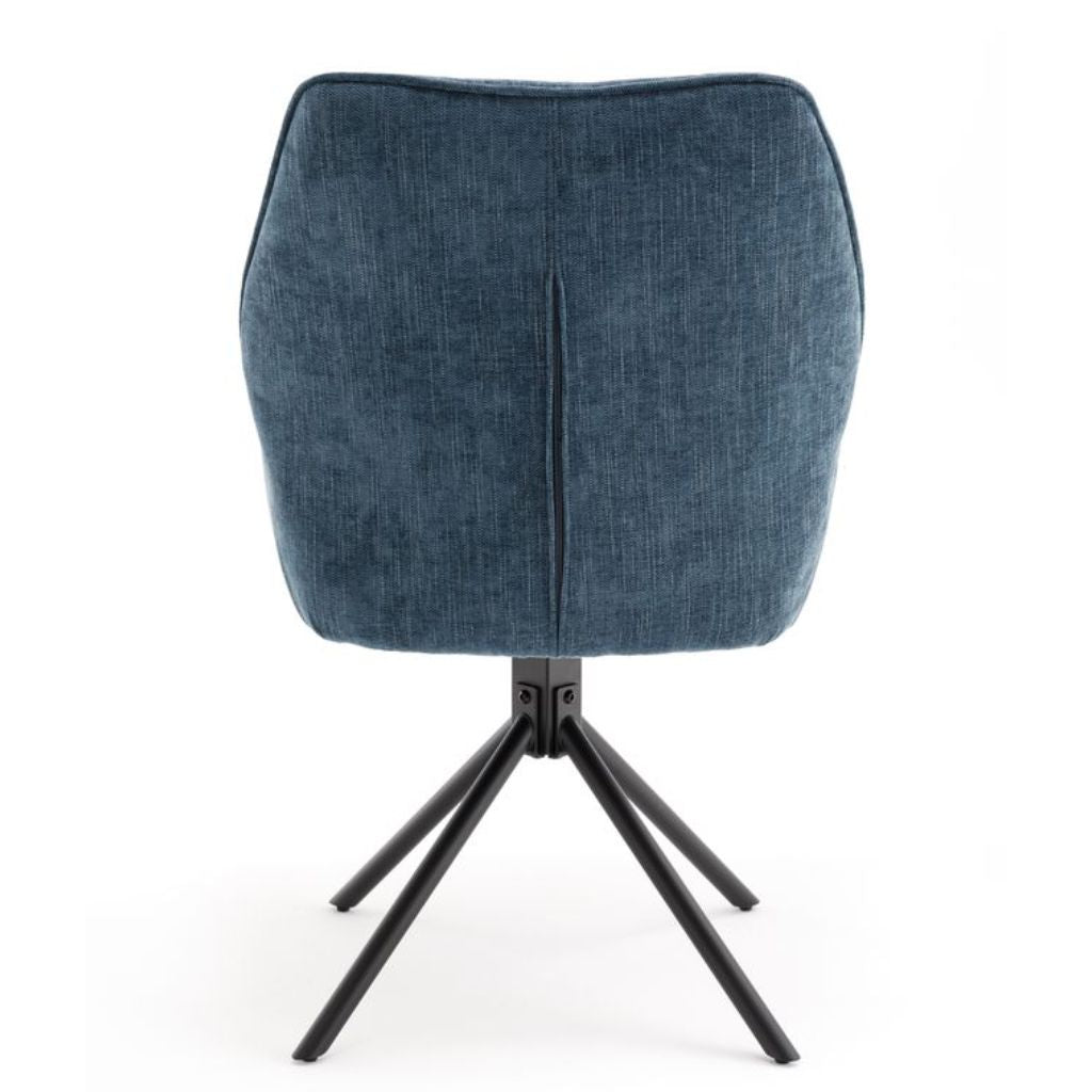 Blue cushioned chair with black metal legs on a white background