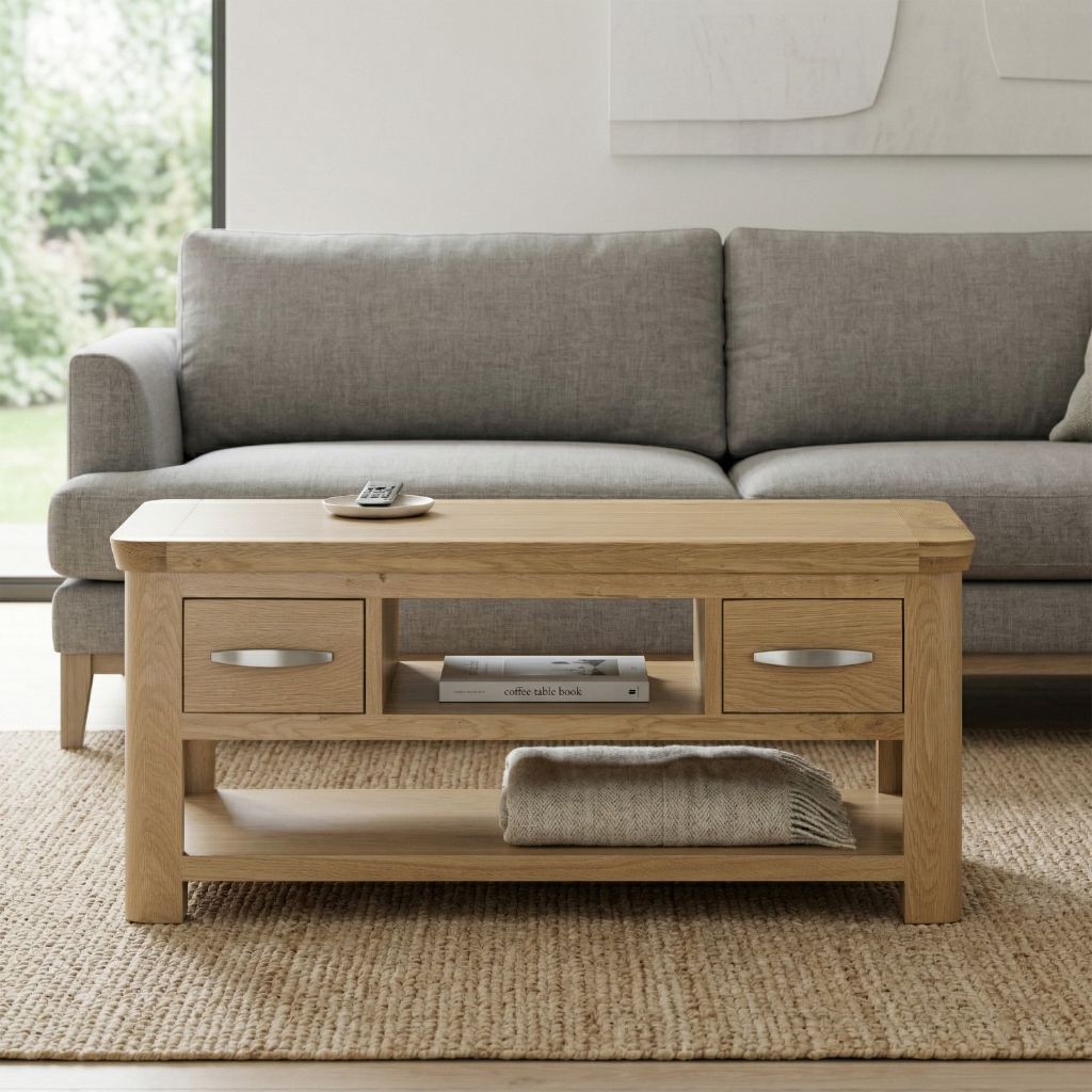 A light oak wood coffee table with two drawers and an open lower shelf.