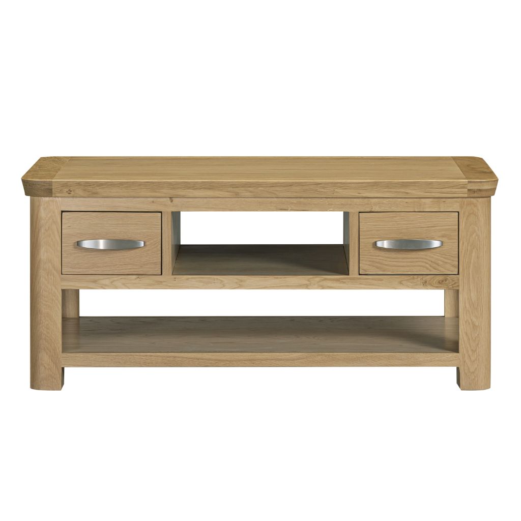 A light oak wood TV stand or coffee table with two drawers, an open shelf, and a lower open shelf, featuring silver metal handles