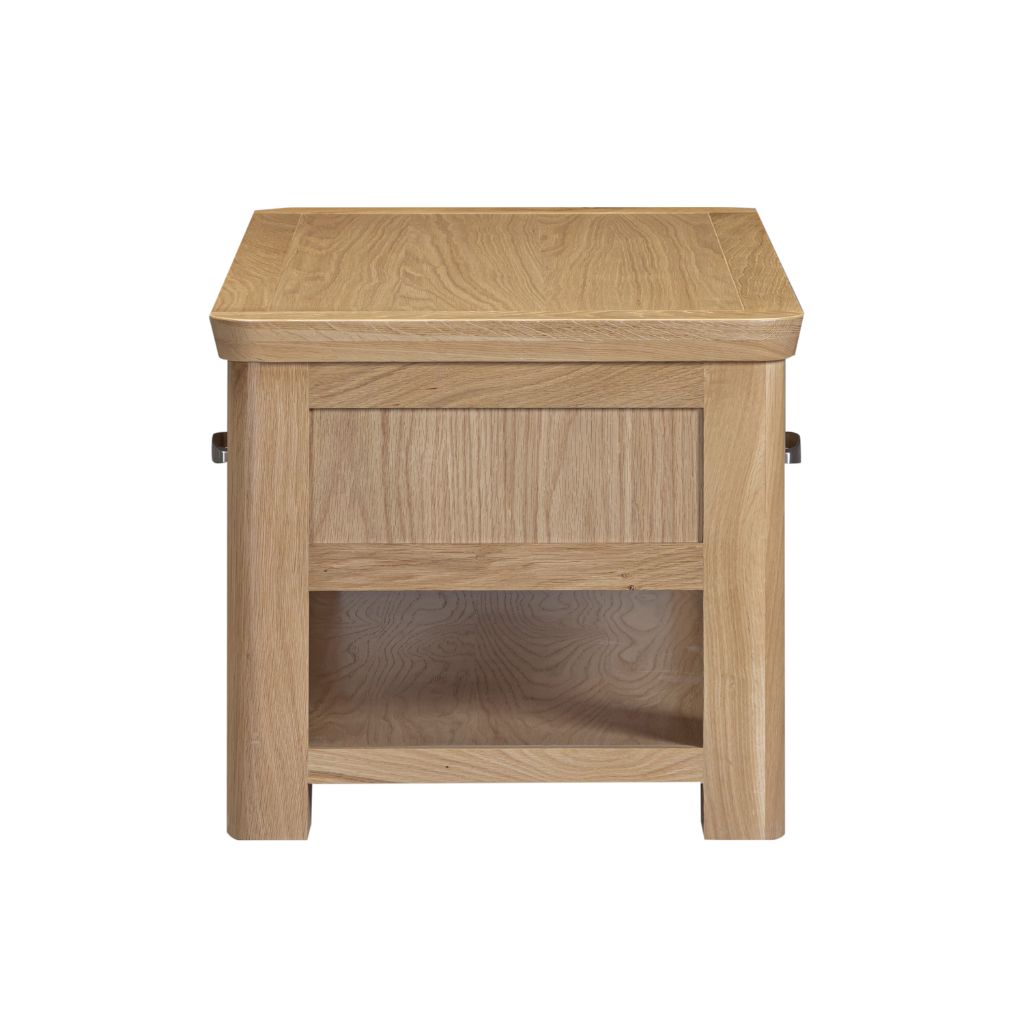 Side view of the coffee table featuring doubled sided drawers 