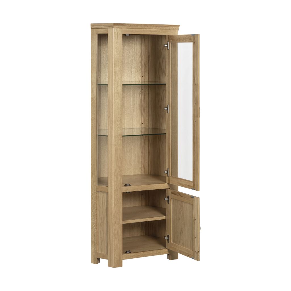 A tall wooden display cabinet with a light oak finish, featuring a glass-panelled upper door, two glass shelves, and a lower cabinet with door.