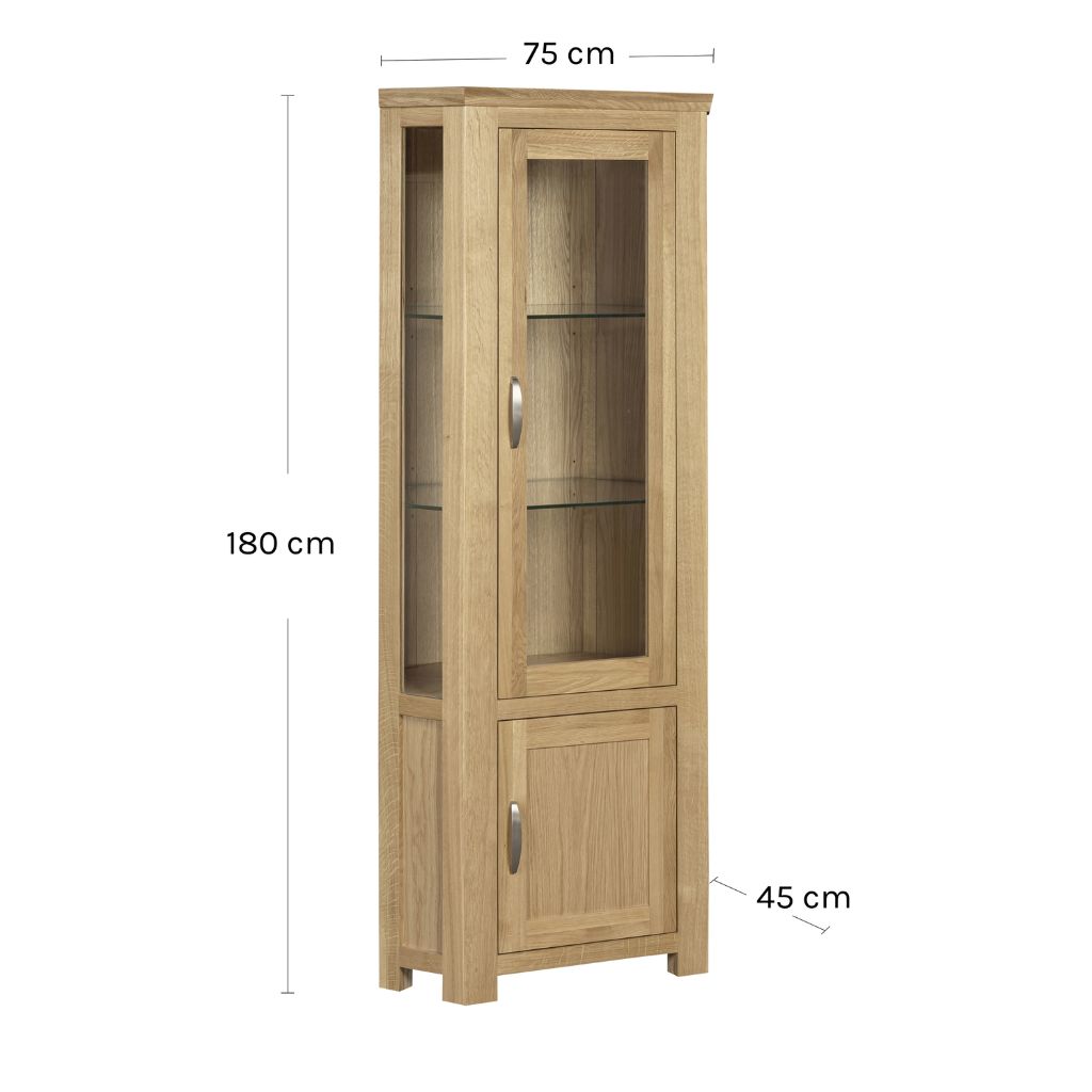 The dimensions  of the Treviso Corner Display Cabinet:
180 cm height, 75 cm width, and 45 cm depth.