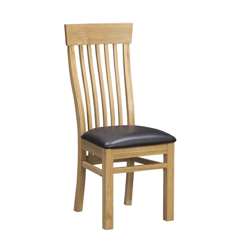 A wooden dining chair with a light oak finish, featuring vertical slats on the backrest and a black upholstered seat cushion.