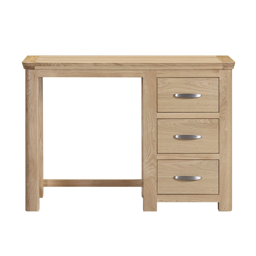 The dressing table is finished in a stylish natural oak stain and has rounded corners and silver handles 