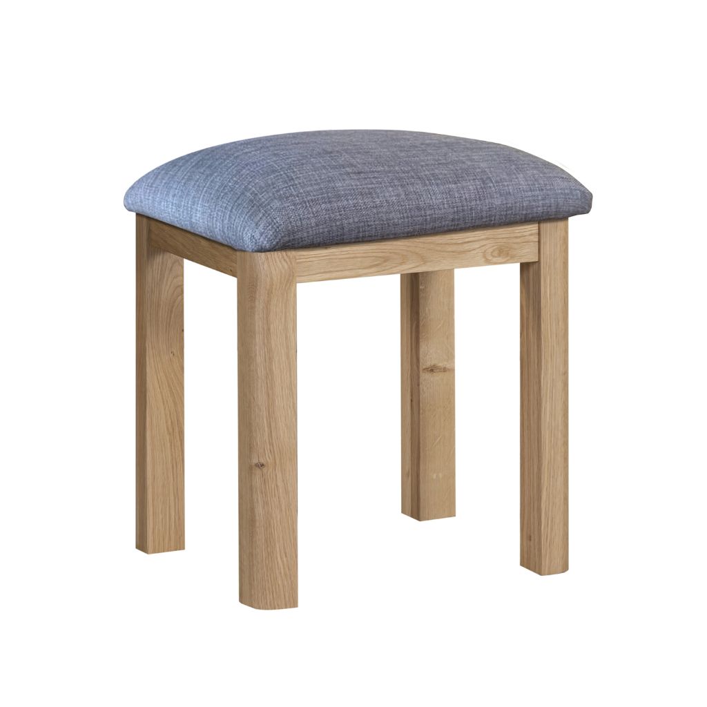 Wooden stool with upholstered seat in a beautiful blue linen look fabric