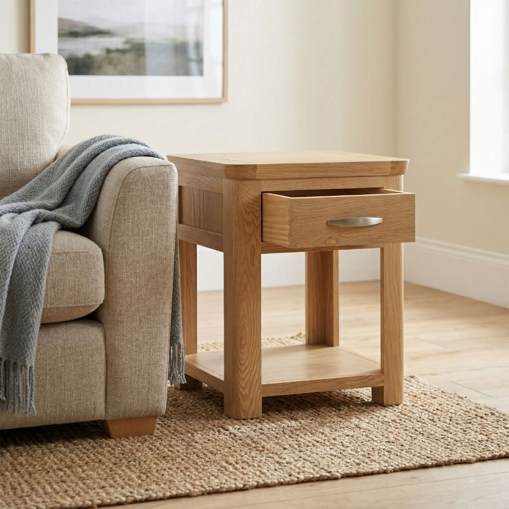 oak end table with drawer and lower shelf and curved legs