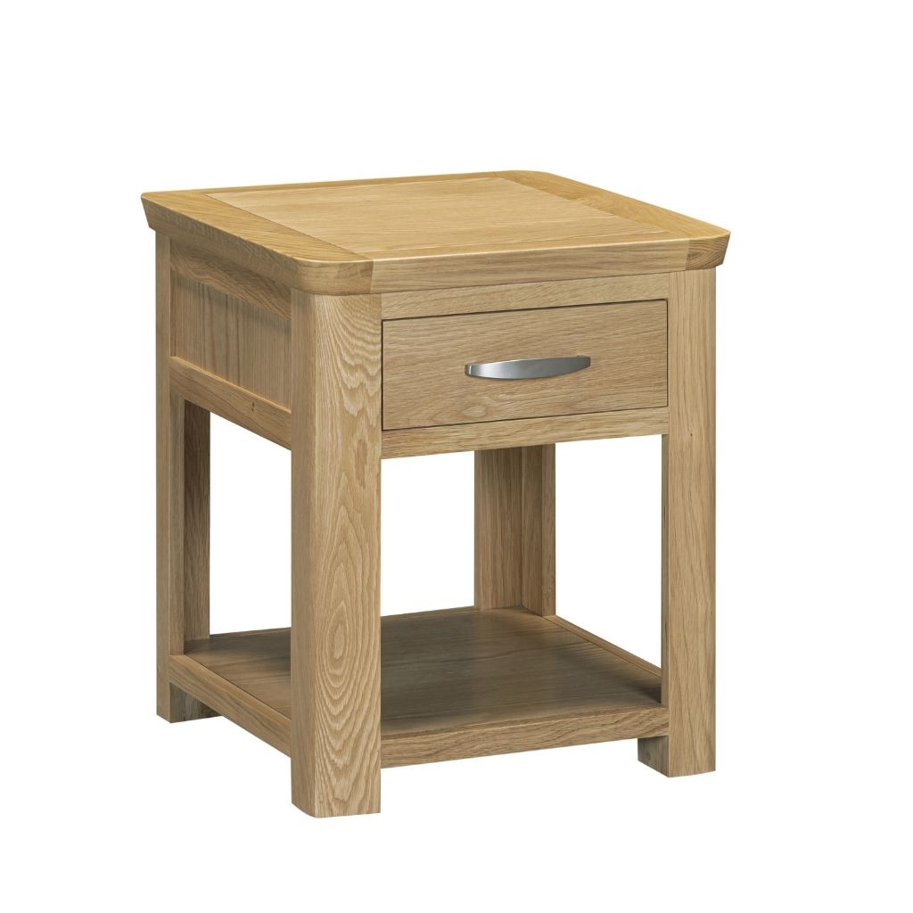 side view of gorgeous end table with draw in a natural oak finish.