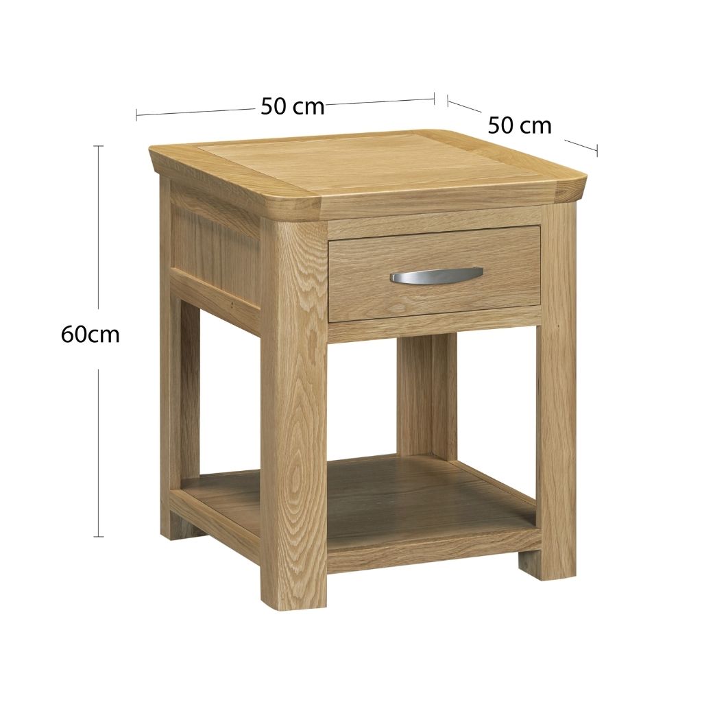 exact dimensions of the beautiful end table with drawer with a stylish oak finish.