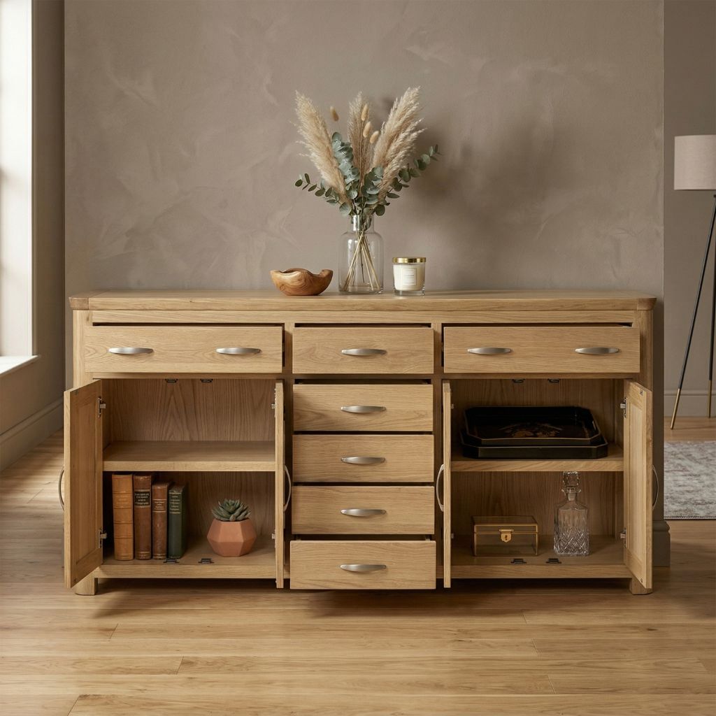 Grand oak sideboard with generous storage space with multiple drawers and cabinets 