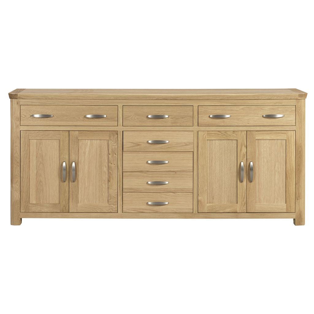 beautifully crafted sideboard in a natural oak finish with metal handles.