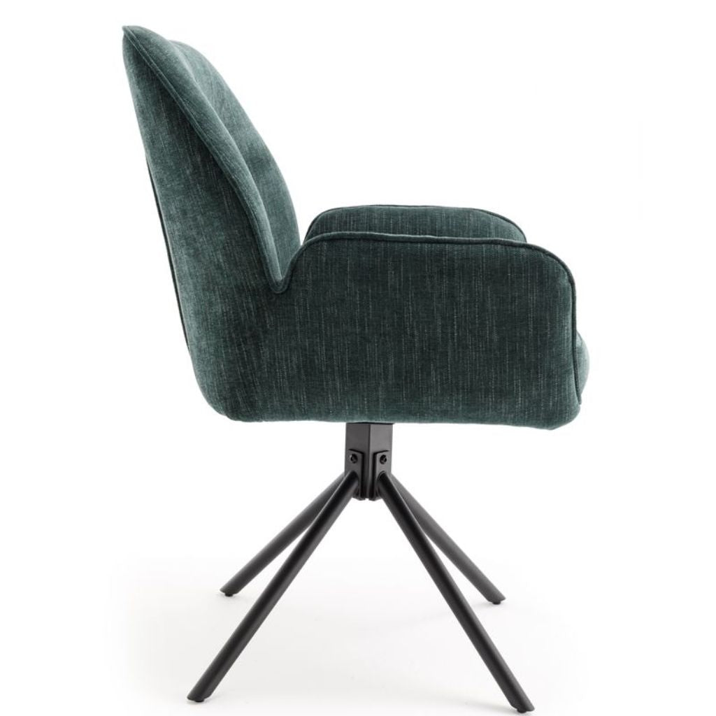 Green armchair with black metal legs on a white background