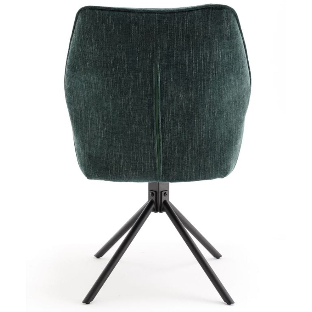 Green fabric chair with black metal legs on a white background