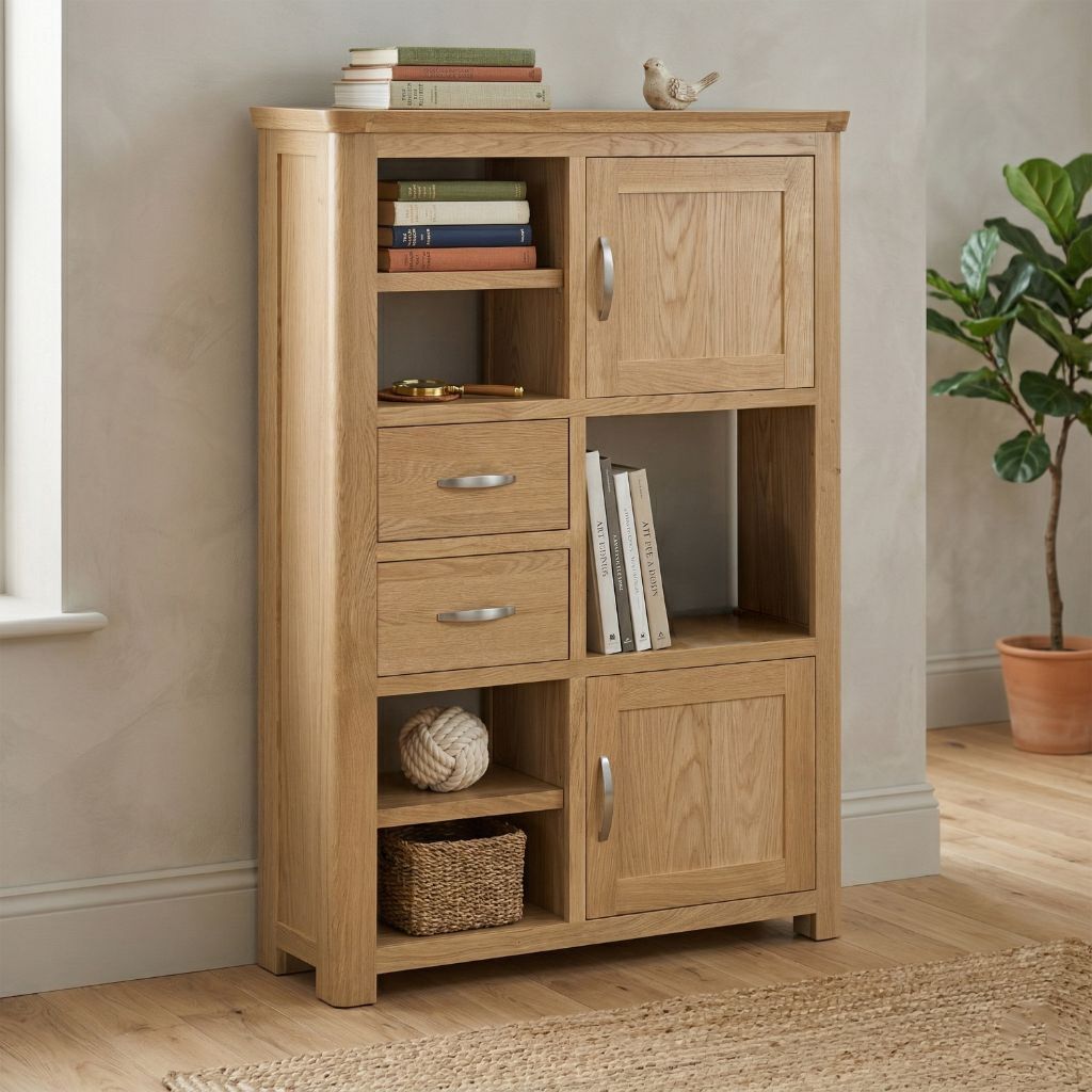 Treviso High Display Unit with open shelves, cabinets and drawers.
