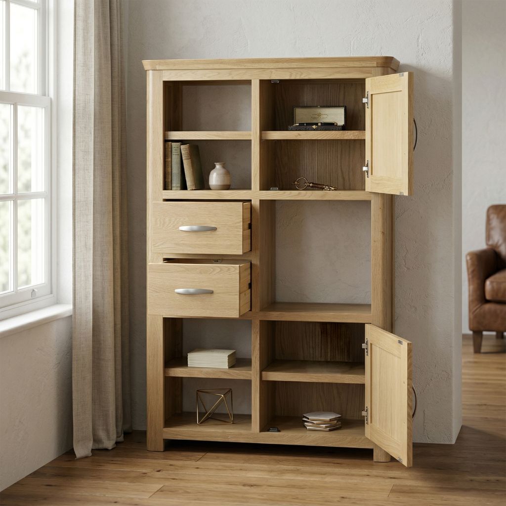 Stylish oak display unit with curved edges and open shelving