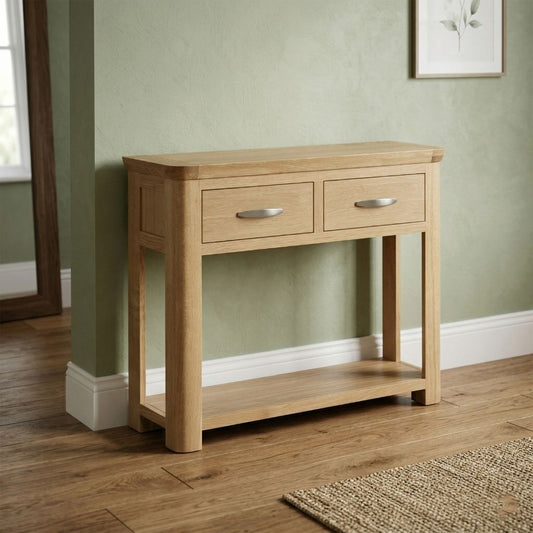 Large oak console with two drawers with a metal handle