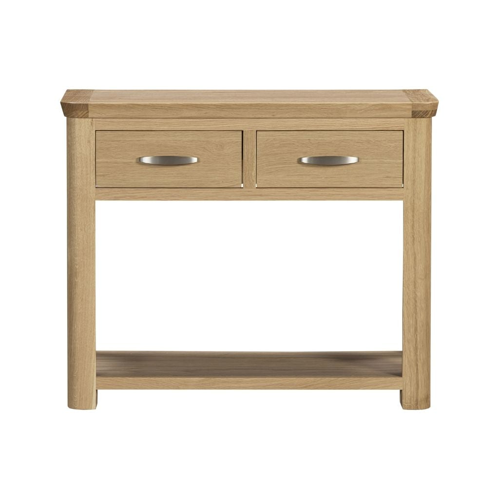 A oak wood console table with two drawers featuring silver metal handles and an open lower shelf.