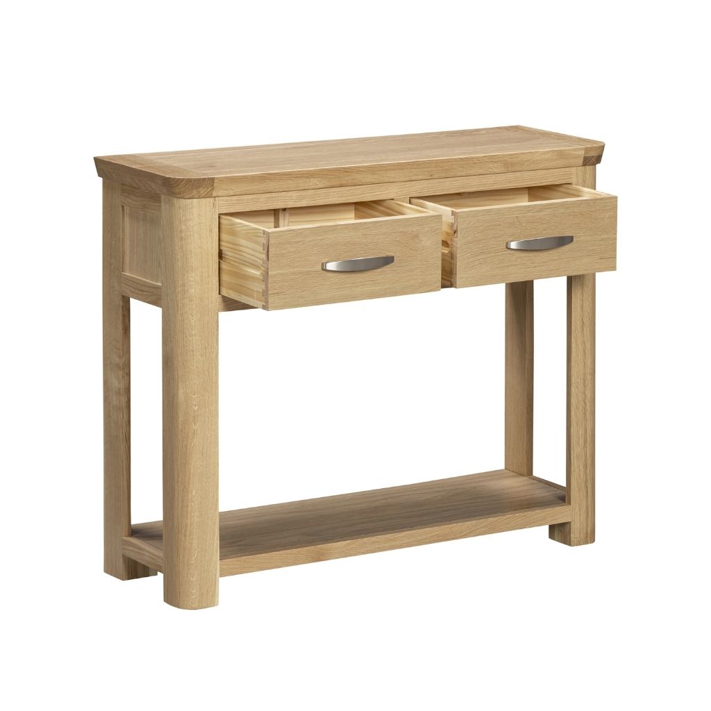 large oak console with beautifully crafted drawers featuring a dovetail joint