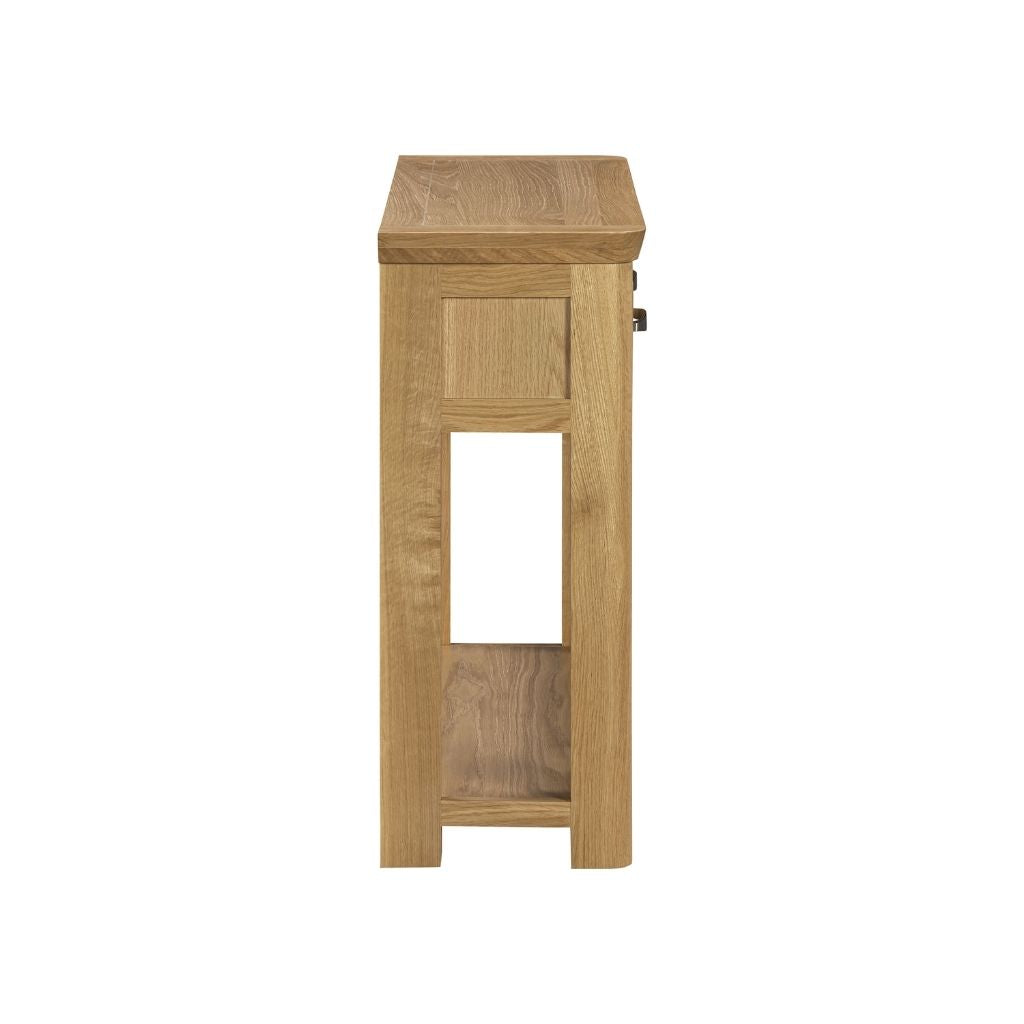side view of the stylish large oak console showing the stunning curved edges 