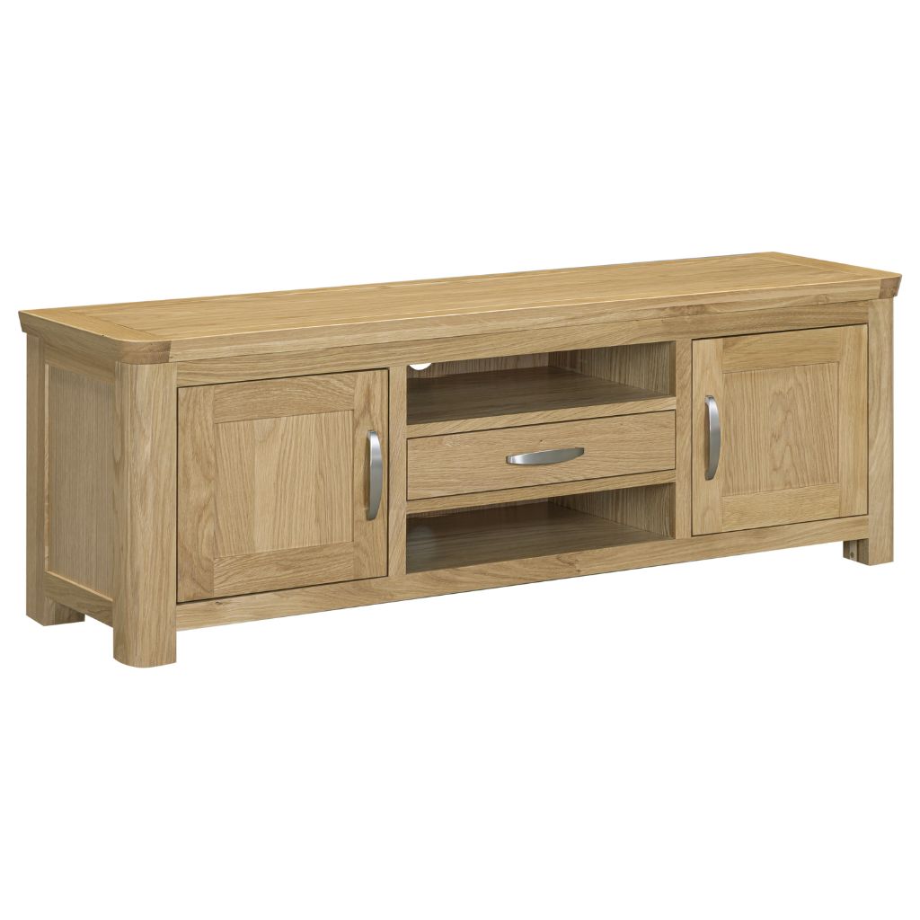 A large tv unit in a natural oak finish and silver handles.