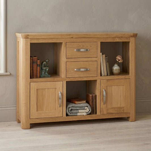 A light oak wood display cabinet with two drawers, three open shelves, and two cabinet doors.
