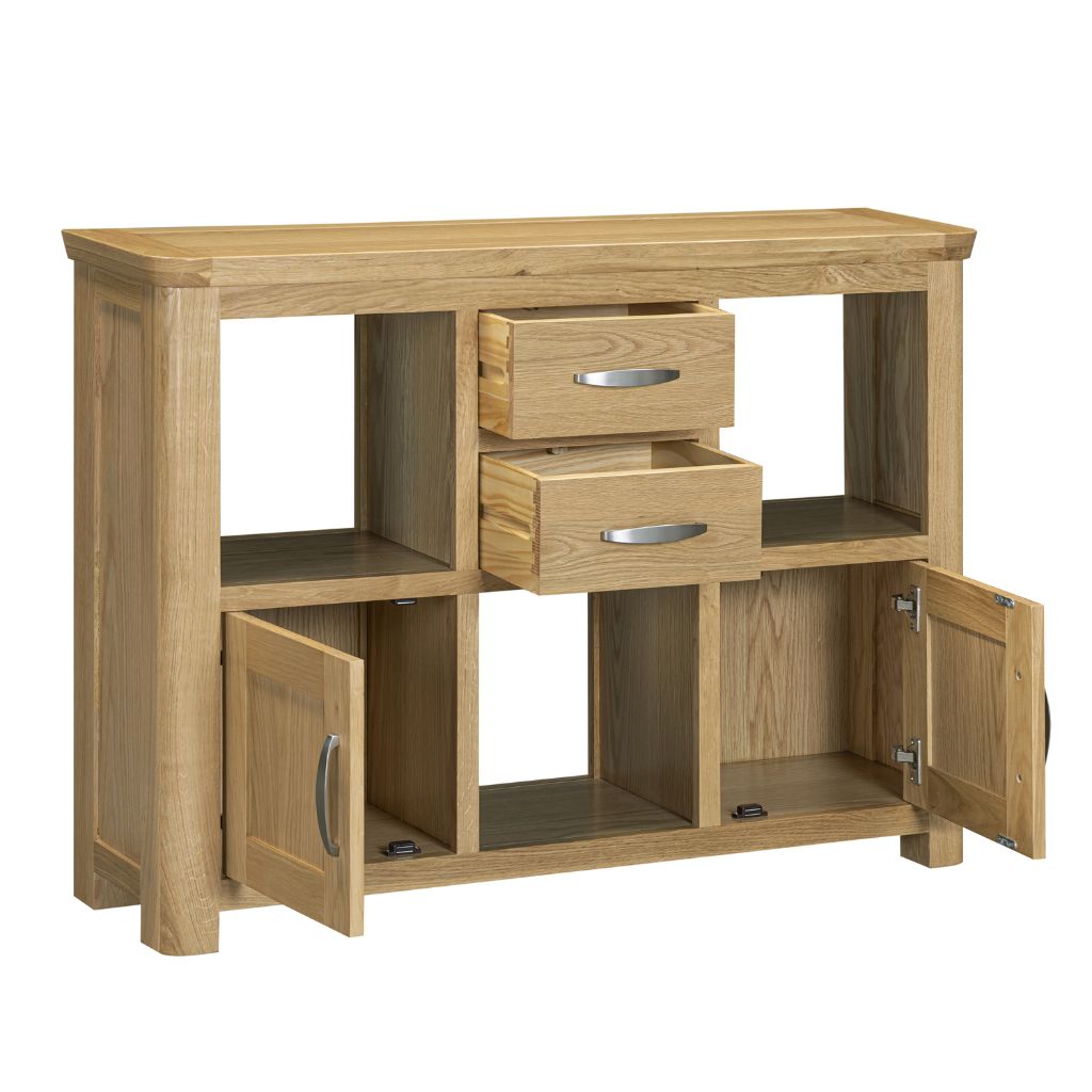 A light oak wood sideboard cabinet with two drawers, open shelves, and two open cabinet doors.