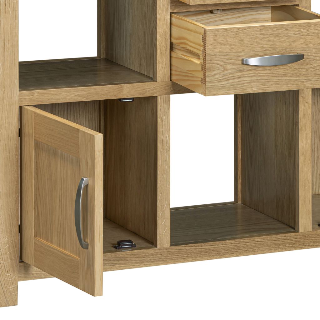 Close up of the bottom shelves and cabinets