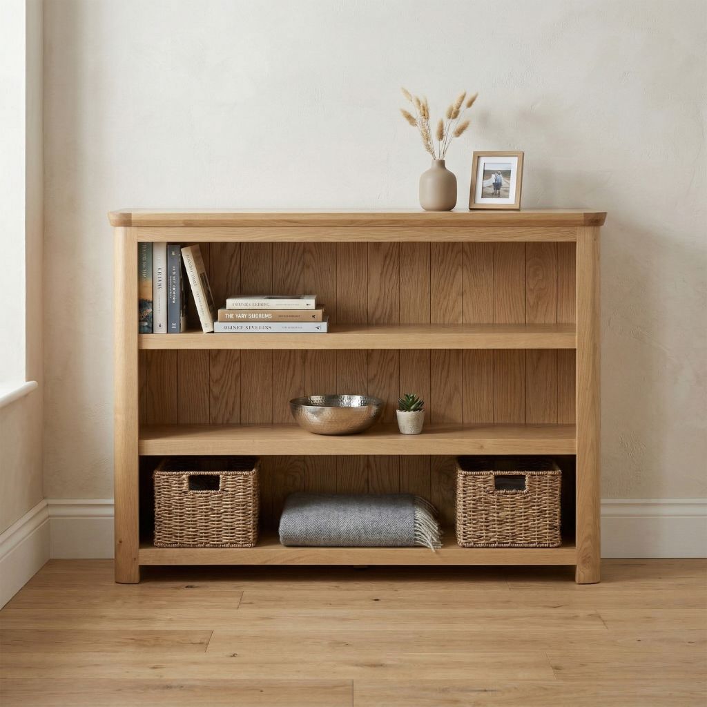 A wide bookcase in a natural oak finish with a gorgeous panel detail in the back panel.