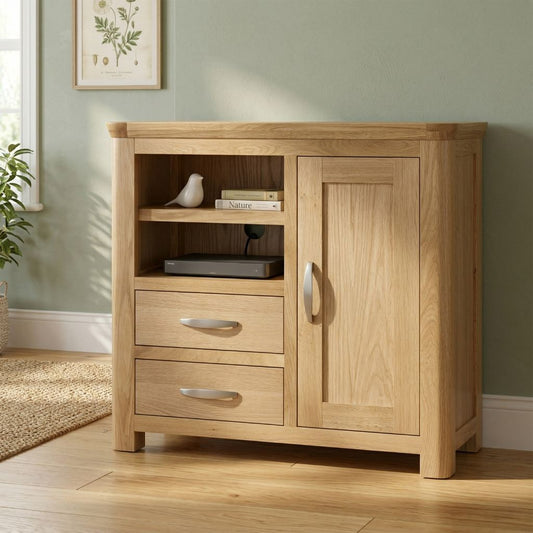 A beautiful Media sideboard with open shelving as well as drawers and closed cabinets.