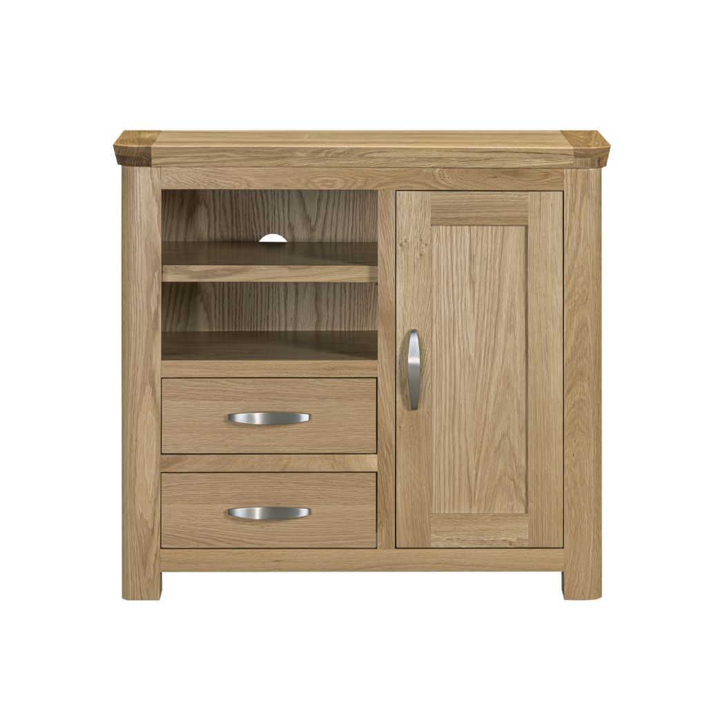 A beautiful oak media sideboard in a natural oak finish with curved edges and legs.