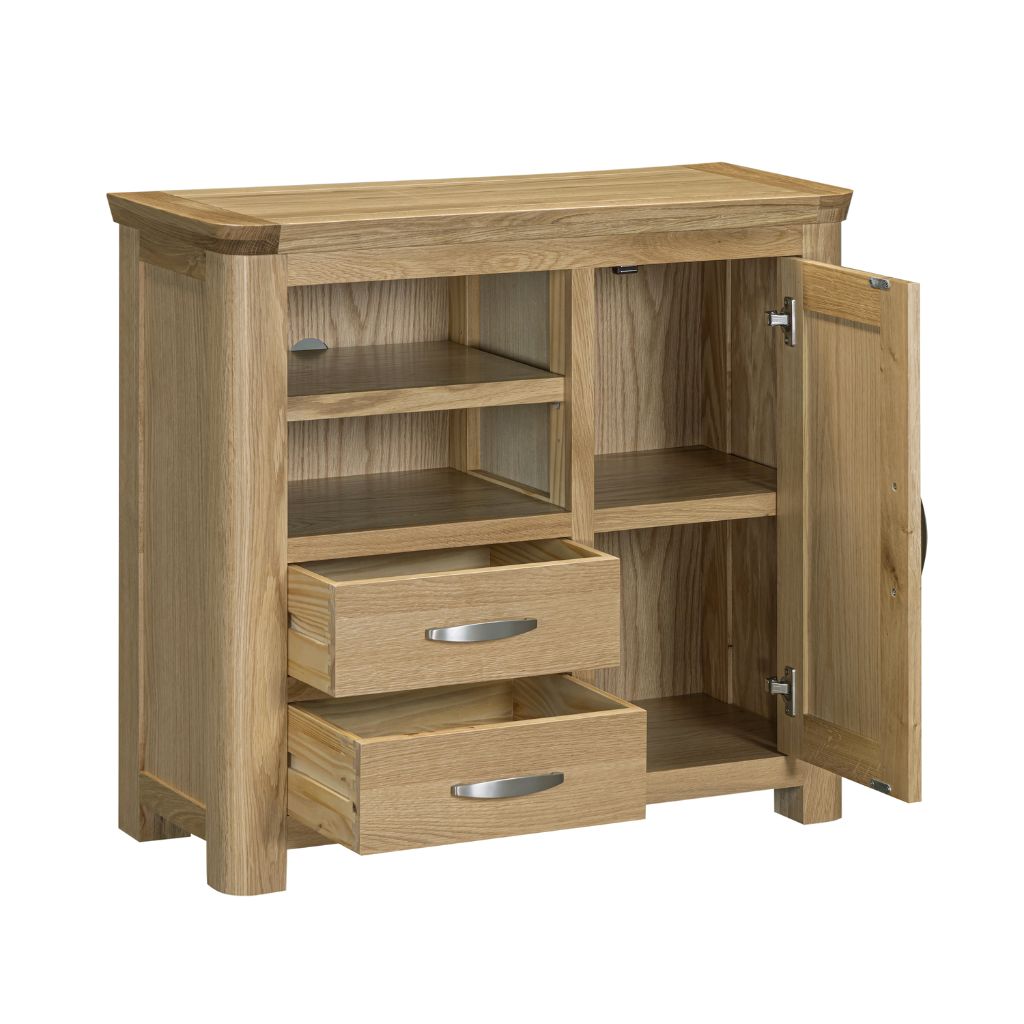 A gorgeous oak media sideboard with generous storage with multiple shelves and drawers.