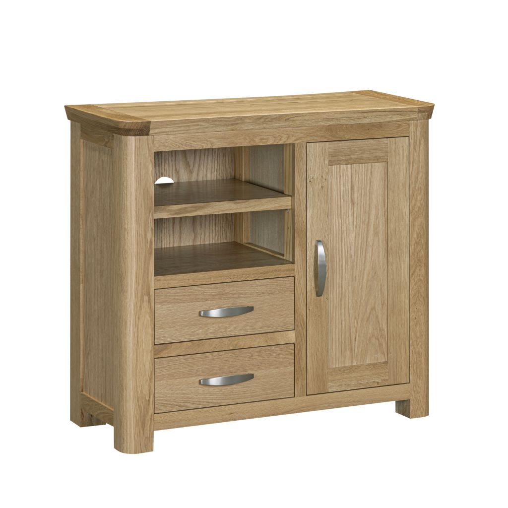 A beautiful oak media sideboard with sleek curved edges and legs and metal handles to complete its look.