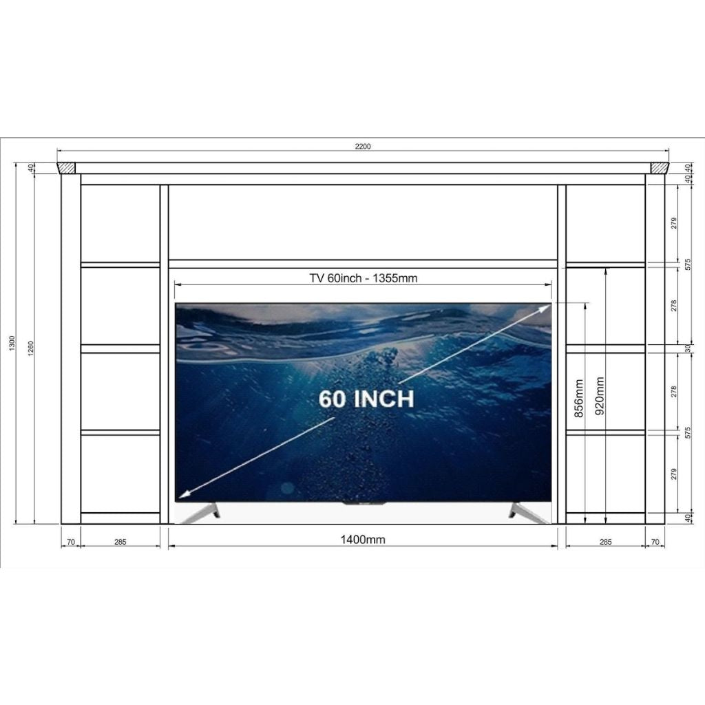 Diagram showing how a 60 inch TV will fit inside the Centre