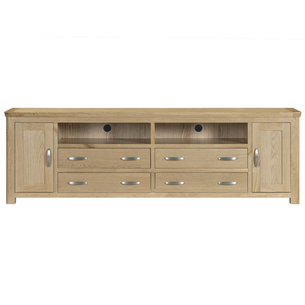 Media unit with generous storage in a natural oak finish.