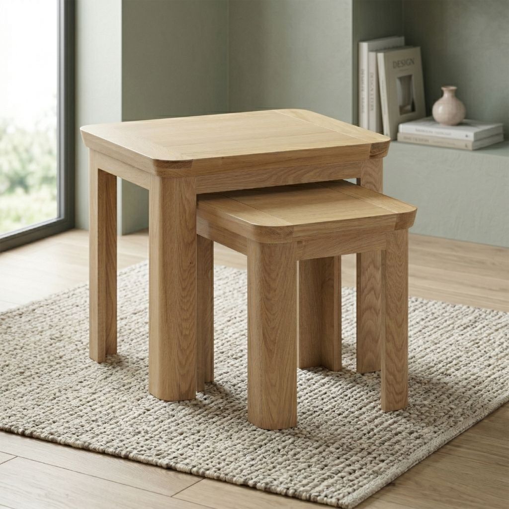 A pair of nested square wooden nesting tables.