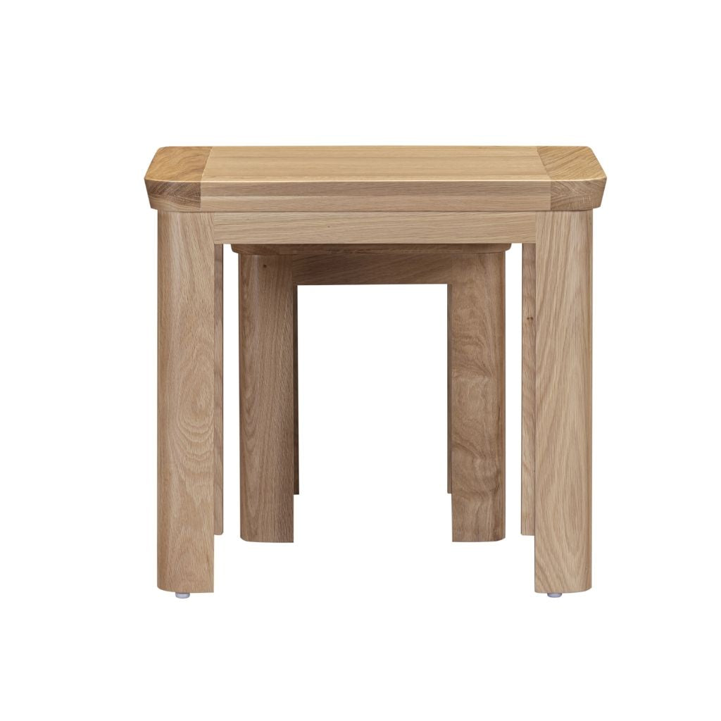 Back view of stunning oak nesting tables in an natural finish.