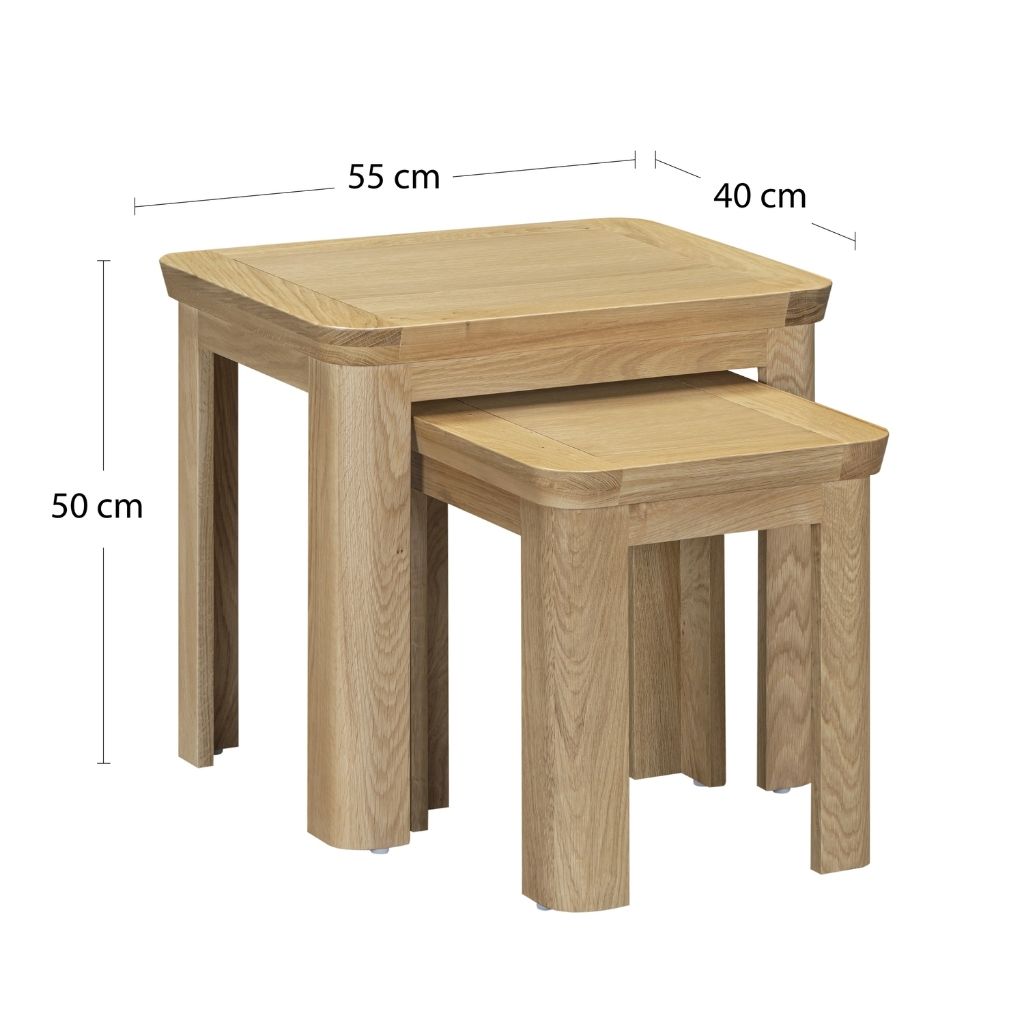 Pair of nesting tables including exact dimensions.