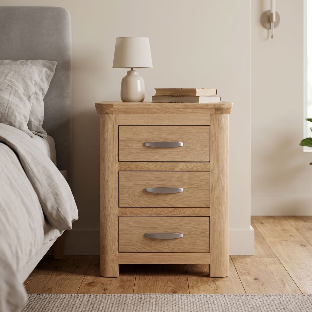 3 drawer nightstand with curved edges and silver handles.