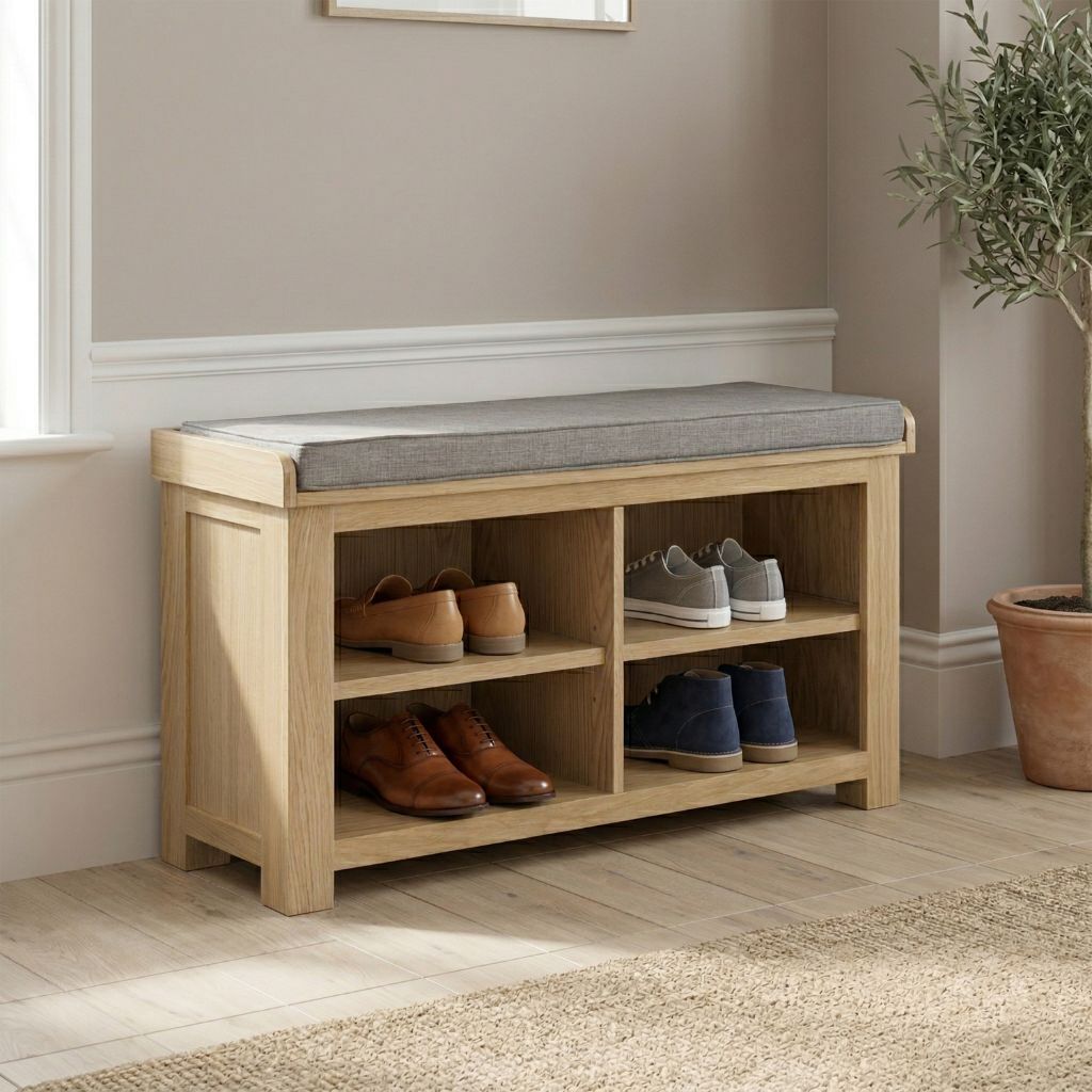 Stylish oak shoe bench perfect for any entryway.