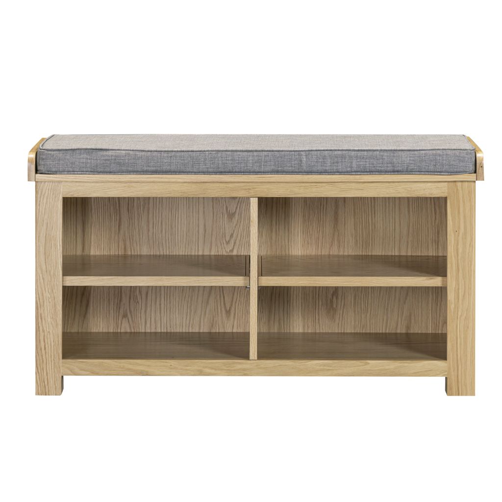 Oak shoe bench with grey cushion perfect for storing all the family's shoes.