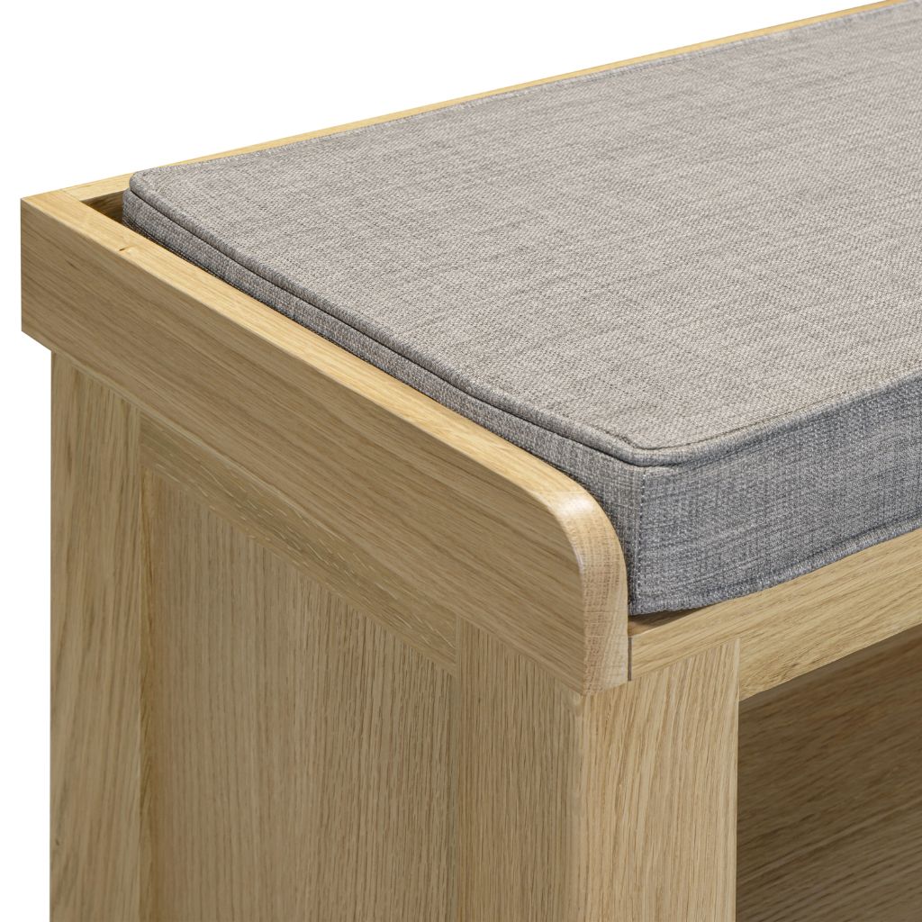 Close up of the gorgeous grey fabric cushion on the Treviso shoe bench