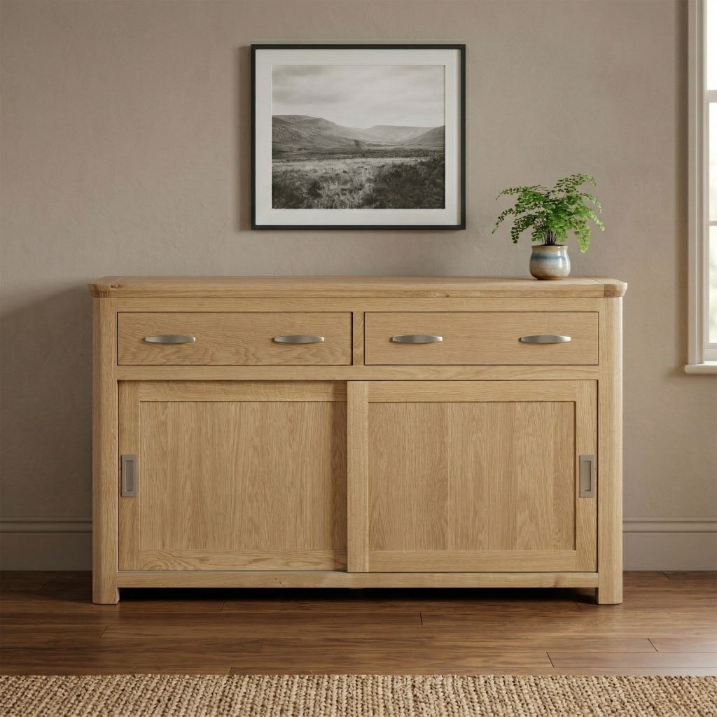 A solid oak sideboard cabinet with two drawers and two sleek sliding cabinet doors.