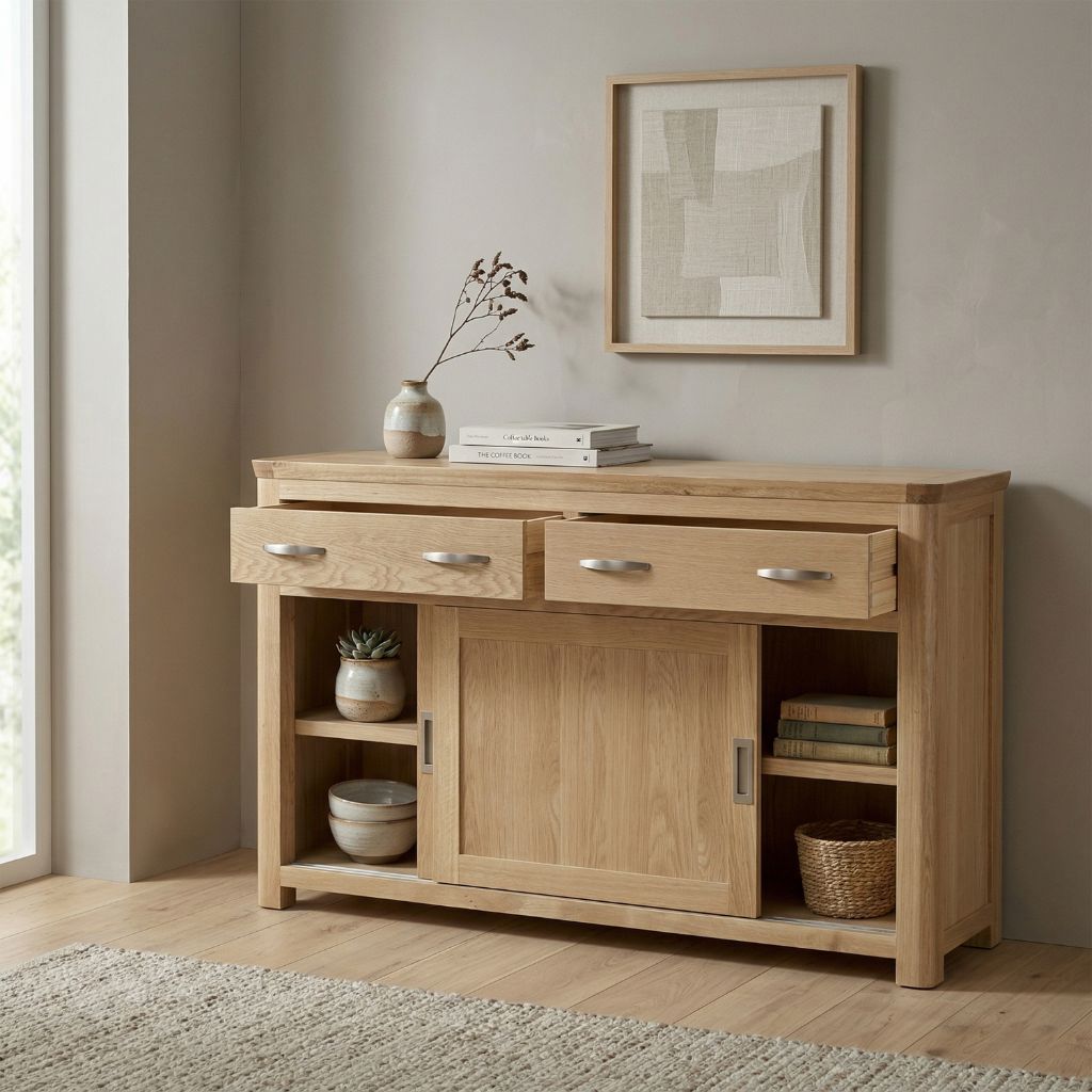 A beautiful oak side board featuring two drawers as well as two sliding doors giving it that contemporary feel.