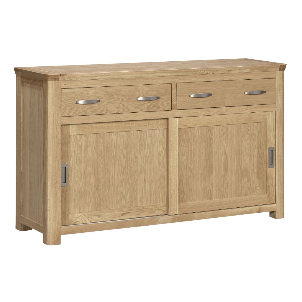 Side view of the stunning Treviso sliding door sideboard finished in a stylish natural oak.